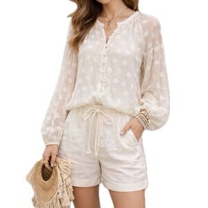 NWT Moon River Anthro. Cream Textured Dot/Circle Buttoned Blouse, Small